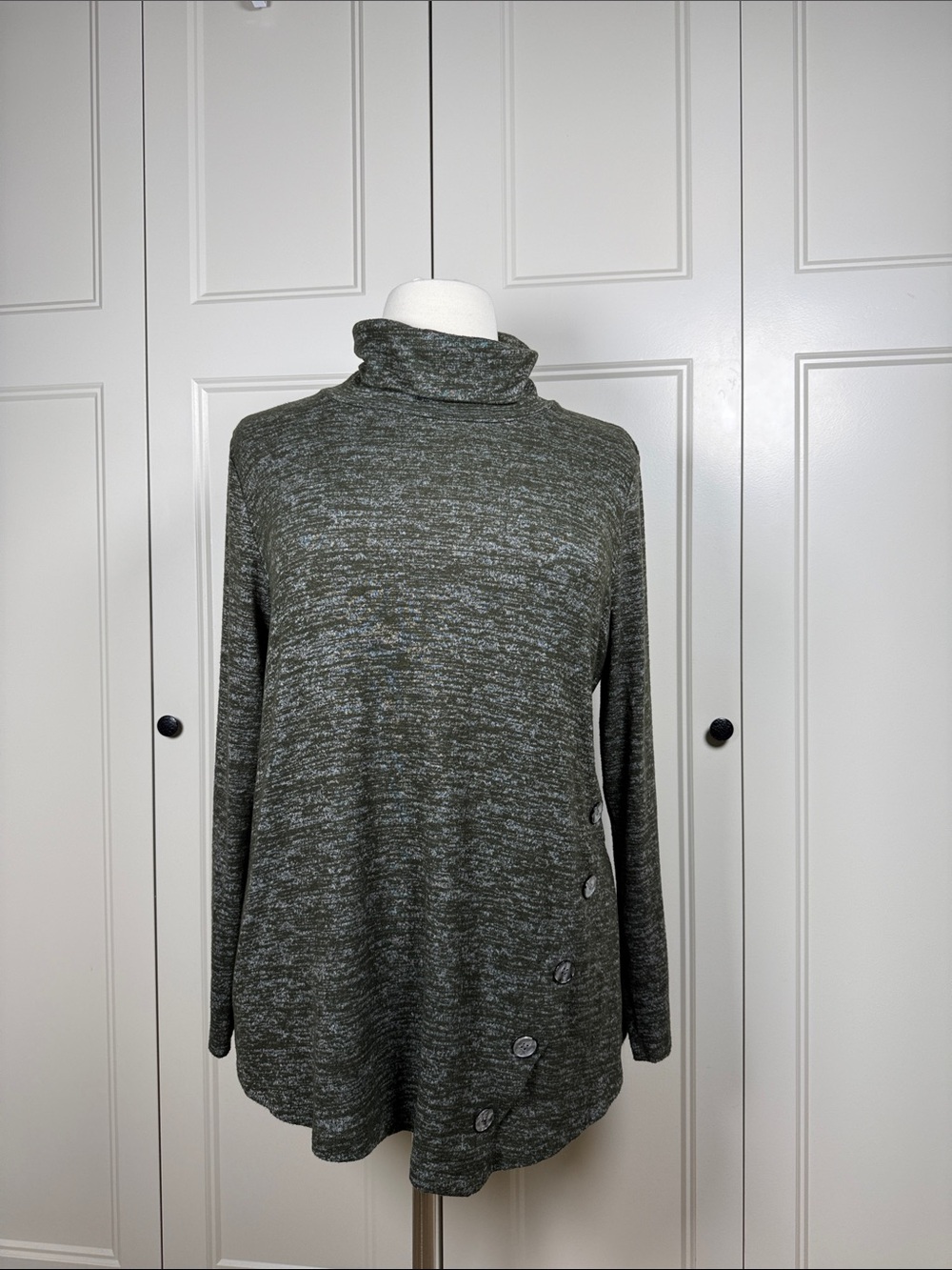 erin london Olive Green Marled Turtleneck Sweater with Side Buttons XL